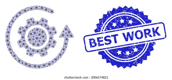 Mejor trabajo estampado texturado y rotación de engranajes de mosaico recursivo vectorial. El sello azul tiene la leyenda Best Work dentro de la roseta. El mosaico vectorial se crea a partir de la repetición de los elementos de rotación de engranajes rotados.