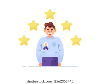 best worker concept. getting award and appreciation. achievement and performance. happy people. illustration of a man getting a medal for being the best monthly employee. flat style design. elements