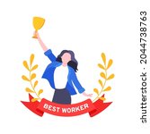 Best worker employee winner with trophy cup inside award ribbon and floral wreath flat style design vector illustration. Employee of the month, talent award, best worker competition prize.