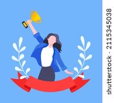 Best worker employee winner with trophy cup inside award ribbon and floral wreath flat style design vector illustration. Employee of the month, talent award, best worker competition prize.