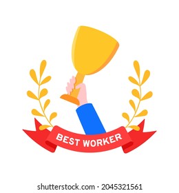 Best worker employee winner with trophy cup inside award ribbon and floral wreath flat style design vector illustration. Employee of the month, talent award, best worker competition prize.