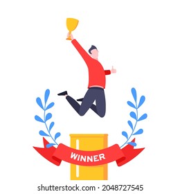 Best worker employee winner with trophy cup inside award ribbon and floral wreath flat style design vector illustration. Employee of the month, talent award, best worker competition prize.