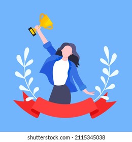 Best worker employee winner with trophy cup inside award ribbon and floral wreath flat style design vector illustration. Employee of the month, talent award, best worker competition prize.