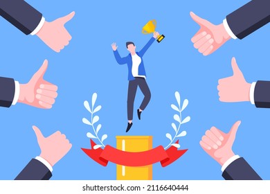 Best worker employee winner with trophy cup inside award ribbon and floral wreath flat style design vector illustration. Employee of the month, talent award, best worker competition prize.