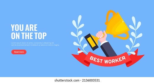 Best worker employee winner with trophy cup inside award ribbon and floral wreath flat style design vector illustration. Employee of the month, talent award, best worker competition prize.