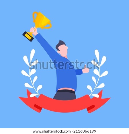 Best worker employee winner with trophy cup inside award ribbon and floral wreath flat style design vector illustration. Employee of the month, talent award, best worker competition prize.