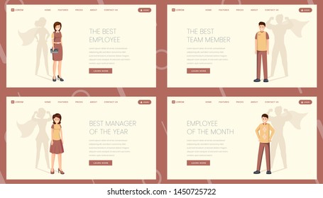 Best worker landing page vector template set. Super manager, employee, team member website, webpage. Excellent personnel, professionals, specialists with superhero shadow cartoon character