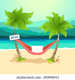 The best workplace, Work with pleasure. Hammock between palms, work with laptop on the beach. Working outdoor, outsource concept. Vector colorful illustration in material design