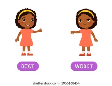 Best and worst antonyms word card, Opposites concept. Flashcard for English language learning. Joyful African little girl shows thumbs up in agreement, a disgruntled dark skin child shows thumbs down 