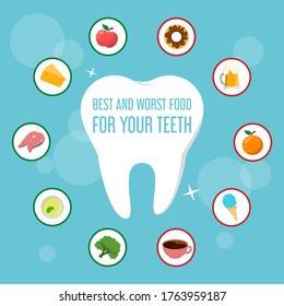 Best and worst food for your teeth banner vector isolated. Eat fruits, dairy products, seafood for healthy teeth. Avoid alcohol, coffee, citrus and sweet food.