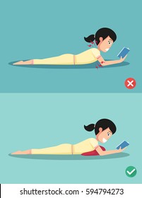 Best and worst positions with healthy pillow for read a book illustration, vector