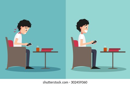 Best and worst positions for playing smart phone illustration, vector