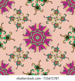 Best for wrapping paper. Can be used as greeting or wedding background. Spring tender design for natural perfume, florist shop. Vector seamless pattern with magenta, beige, green tulip flowers.