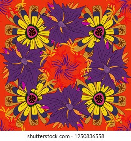 Best for wrapping paper. Vector seamless pattern with abstract magenta, purple and orange flowers. Background floral design for wedding, engagement, cosmetics, perfume, beauty products.