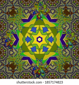 Lo mejor para envolver papel. Patrón vectorial sin fisuras con flores de tulipán verdes, amarillas y violetas. Diseño de primavera para cosméticos naturales, tienda de floristería. Se puede usar como fondo de bienvenida o boda.