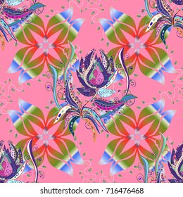 Best for wrapping paper. Vector seamless pattern with pink, neutral, blue tulip flowers. Can be used as greeting, wedding background. Spring tender design for natural cosmetics, perfume, florist shop.