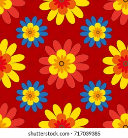 Best for wrapping paper. Vector seamless pattern with abstract red, yellow and blue flowers. Background floral design for wedding, engagement, cosmetics, perfume, beauty products.