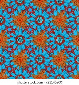 Best for wrapping paper. Vector seamless pattern with abstract red, orange and blue flowers. Background floral design for wedding, engagement, cosmetics, perfume, beauty products.