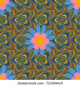 Best for wrapping paper. Vector seamless pattern with abstract green, blue and brown flowers. Background floral design for wedding, engagement, cosmetics, perfume, beauty products.