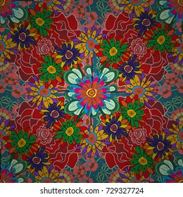 Best for wrapping paper. Vector seamless pattern with abstract blue, red and green flowers. Background floral design for wedding, engagement, cosmetics, perfume, beauty products.