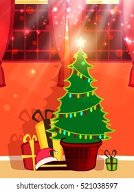 Best Xmas Greeting card with Creative Tree and colorful gift boxes with shining star and sparkling golden light for Merry Christmas celebration 