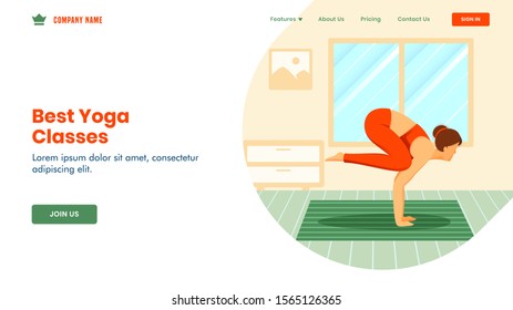 Best Yoga Classes landing page design with young woman doing exercise in bakasana pose inside of room.