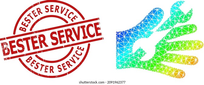 BESTER SERVICE scratched stamp and low-poly spectral colored wrench service hand icon with gradient. Red stamp includes BESTER SERVICE tag inside circle and lines shape.