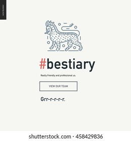 Bestiary Block Website Template - Contemporary Flat Vector Icon Of Bestiary And A Corresponding Text And Button Layout On Light Background, For Design Studio Website