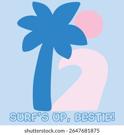 Surf”s up with bestie cute baby graphic for apparel t-shirt 
Cute palm tree with pink waves and moon 