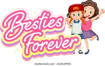 Logo de Bestie para siempre con dos chicas abrazándose en ilustración de estilo caricatura