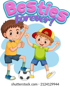Besties forever logo with two boys playing football illustration