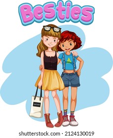 Besties with teenage girls cartoon characters illustration
