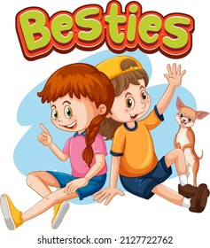 Besties with two girls and chihuahua dog illustration