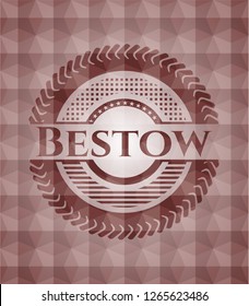 Bestow red emblem with geometric pattern background. Seamless.
