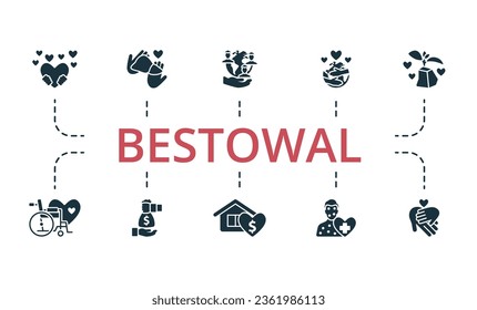 Bestowal set. Creative icons: kindness, organ donation, social responsibility, world embracing, hope, disabled aid, sponsorship, charitable foundation, patient support, helping children.
