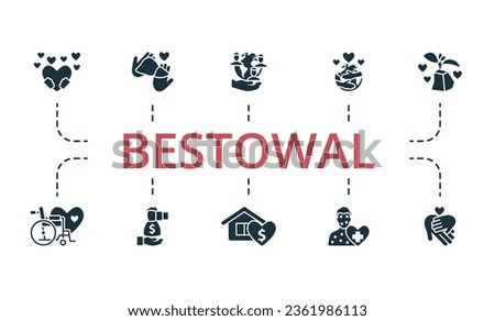 Bestowal set. Creative icons: kindness, organ donation, social responsibility, world embracing, hope, disabled aid, sponsorship, charitable foundation, patient support, helping children.
