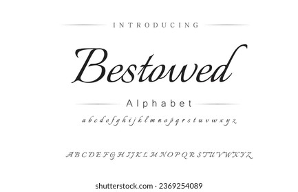 Bestowed Elegant Font Uppercase Lowercase and Number. Classic Lettering Minimal Fashion Designs. Typography modern serif fonts regular decorative vintage concept. vector illustration