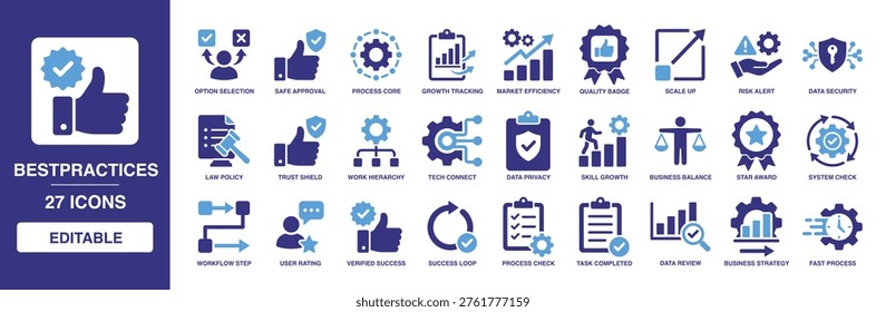 Bestpractices solid vector glyph icon set featuring quality badge, data security, success loop, business strategy, and market efficiency for process management and growth.