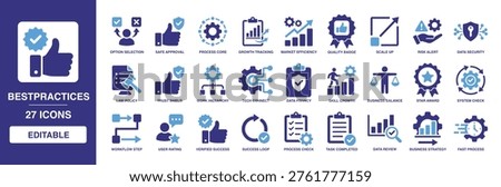 Bestpractices solid vector glyph icon set featuring quality badge, data security, success loop, business strategy, and market efficiency for process management and growth.