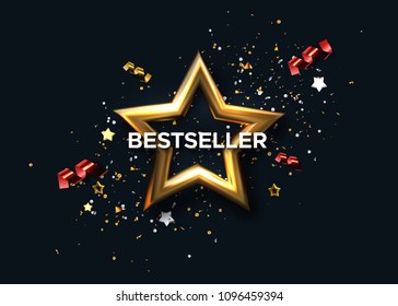 Bestseller award sign. Vector 3d illustration. Golden star with confetti tinsel and ribbon streamers. Popular product banner. Marketing banner design