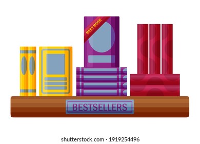 Libros de superventas con insignia. Estante de la librería al estilo de las caricaturas. Ilustración del vector aislada en fondo blanco