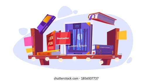 Bestseller and books stand on wooden bookshelf. Booklet, diary volumes with colorful paperback lying in pile and flying above of shelf hanging on wall in library or store, Cartoon vector illustration