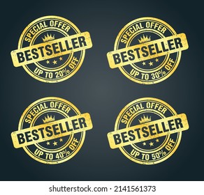 Bestseller gold grunge stamp sign set. Special offer up to 20, 30, 40, 50 percent off. Vector illustration