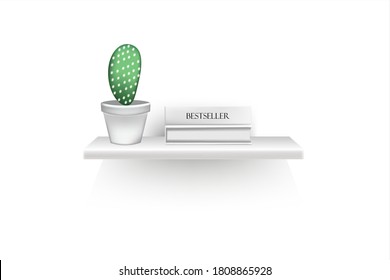 Bestseller mockup with cover stand on shelf in library or store.Realistic book volumes with empty spines and pot stand in row at rack hang on wall.