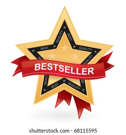 Bestseller promotional vector sign - gold star with red ribbon