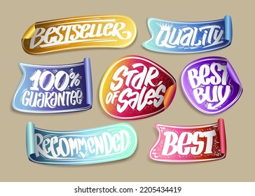Bestseller, quality, star of sales, best buy, recommended, 100 percents guarantee - vector multicolored stickers set