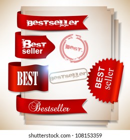 Bestseller. Red banners and labels. Vector set