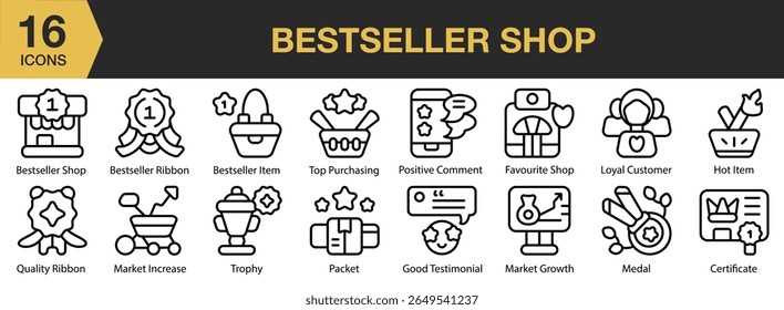 Bestseller ícone Loja definido. Inclui best-seller, loja, loja, produto, popular, venda e muito mais. Contornar coleção de vetores de ícones.