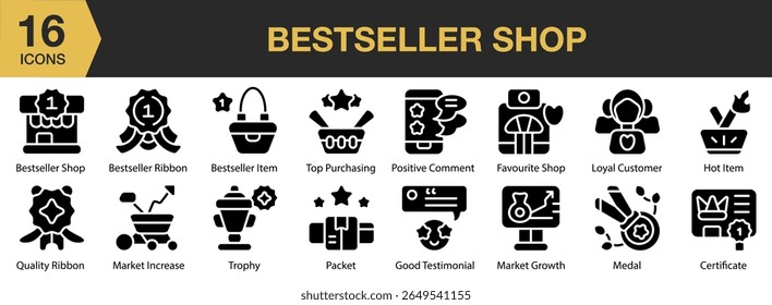 Bestseller Loja conjunto de ícone sólido. Inclui best-seller, loja, loja, produto, popular, venda e muito mais. Coleção vetorial de ícones sólidos.