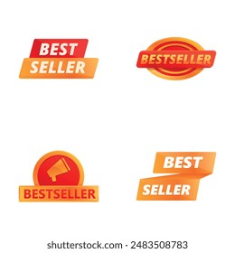 Bestselling icons set cartoon vector. Red sticker with inscription bestseller. Quality mark